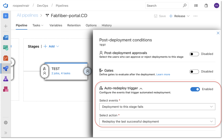 Screenshot showing the Post-deployment conditions dialog box with the Auto-redeploy trigger section called out.