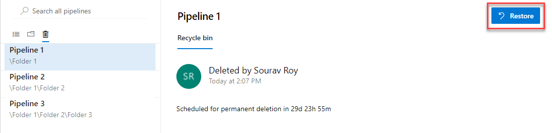 Screenshot showing the Restore option for pipelines.