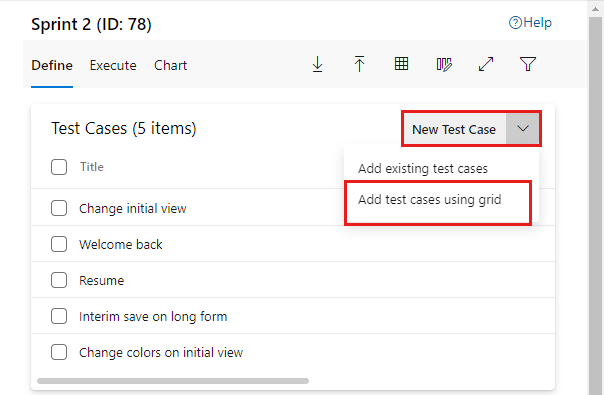 Screenshot showing option to add test cases using the Grid view.