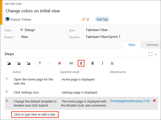 Screenshot showing creating the steps for a new manual test case.