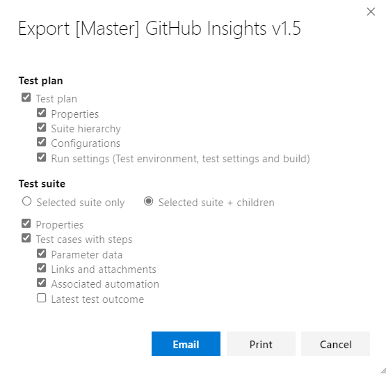 Define tab, Export test suite dialog.