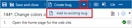 Screenshot shows Test Runner with Add to existing bug selected