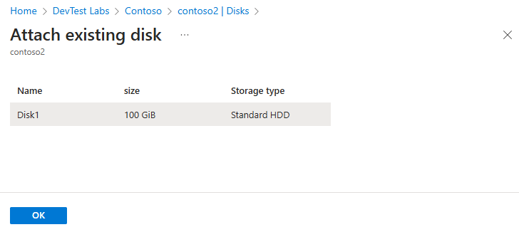 Screenshot of attach existing data disk to a virtual machine.