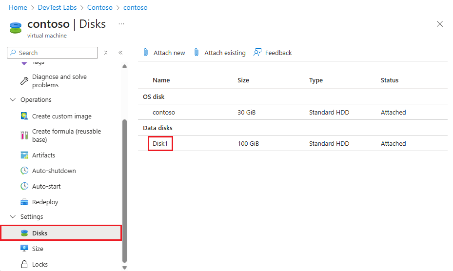 Screenshot of selecting a data disk to detach.