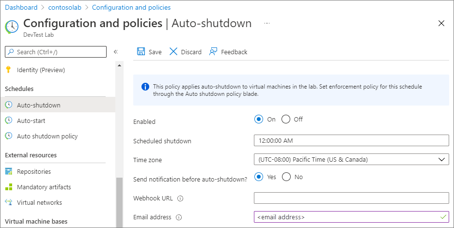 Screenshot showing setting autoshutdown details for a lab.