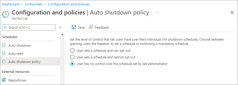 Screenshot showing setting autoshutdown policy options.