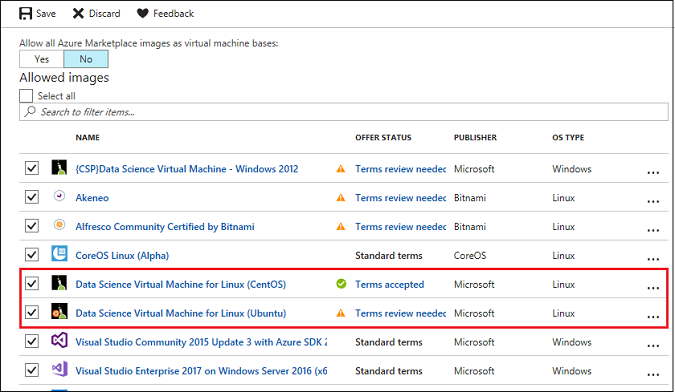 Screenshot that shows Data Science Virtual Machine images with offer status' of "Terms accepted" and "Terms review needed"