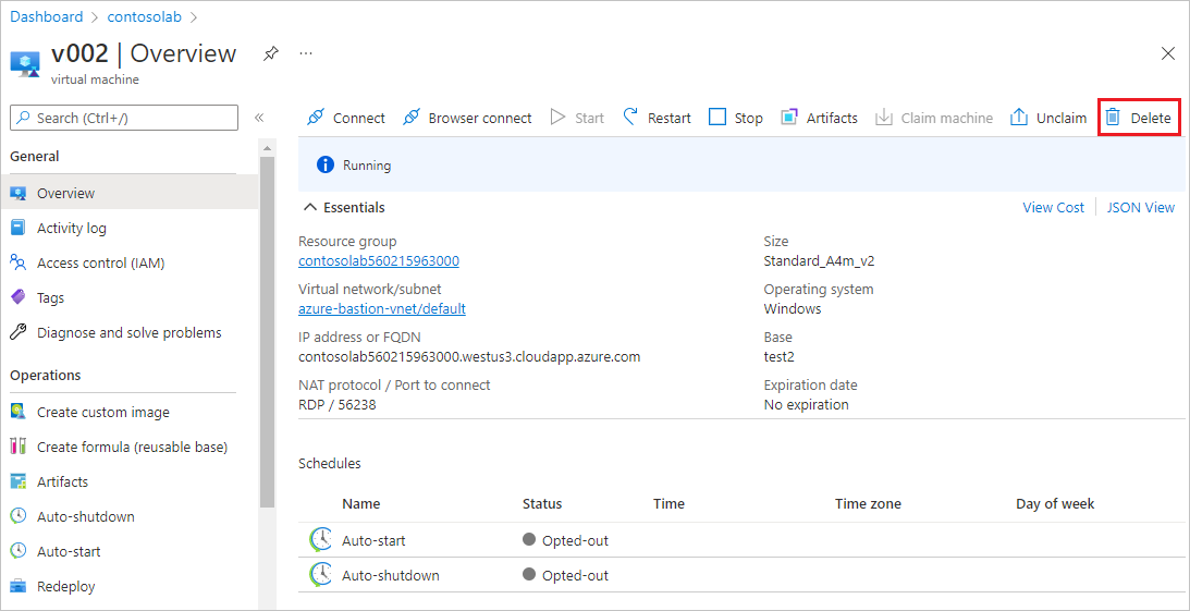 Screenshot of the Delete button on the V M Overview page.