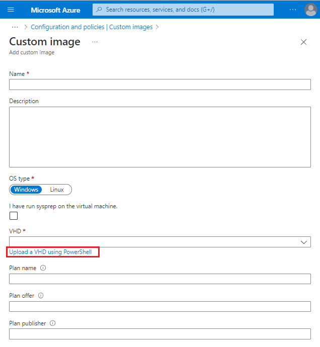 Screenshot that shows settings to upload a VHD by using PowerShell on the Custom image pane.