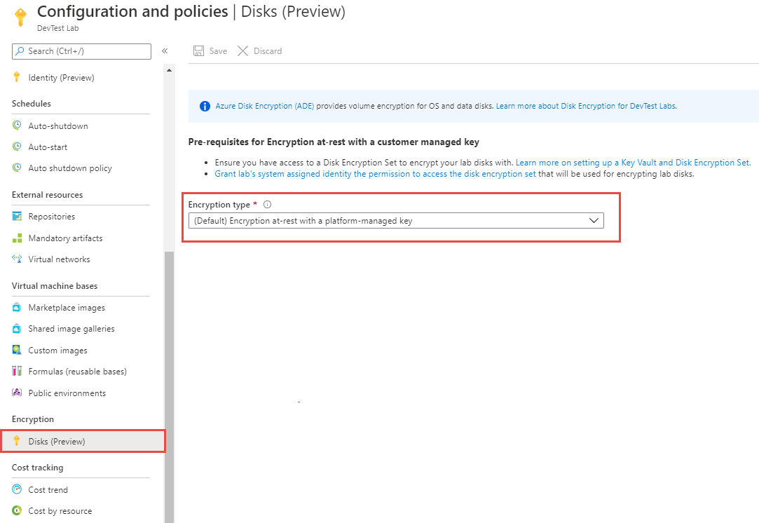 Disks tab of Configuration and policies page