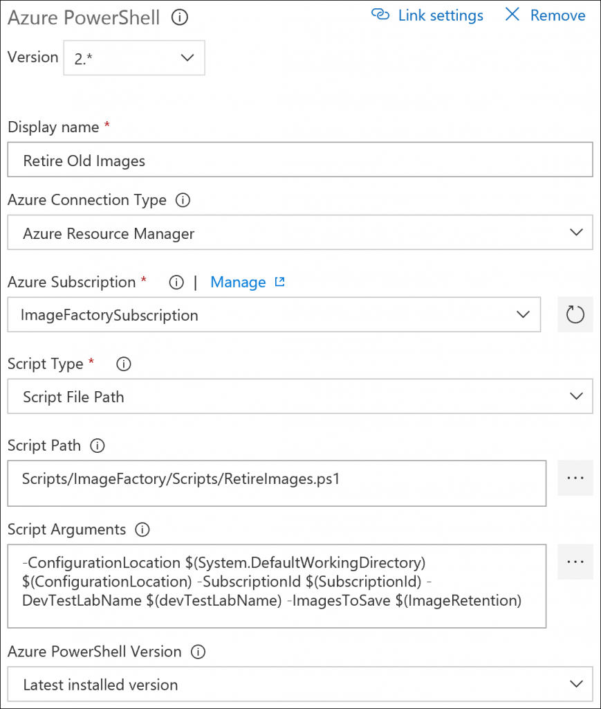 Screenshot that shows Retire old images PowerShell task.