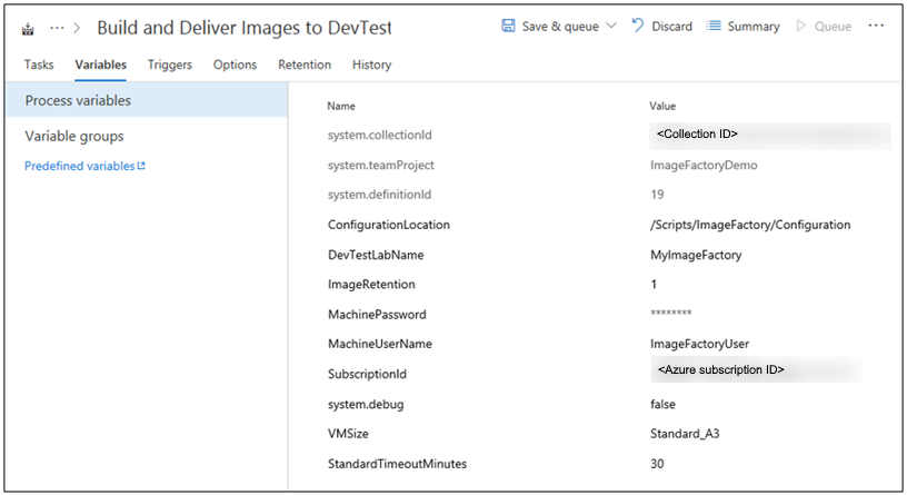 Screenshot that shows Build variables.