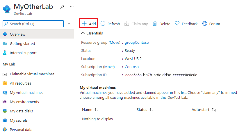 Screenshot of a lab Overview page with Add highlighted.