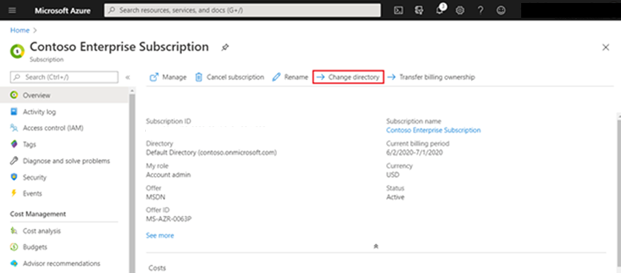 A screenshot a Contoso Enterprise Subscription page with Change Directory highlighted.