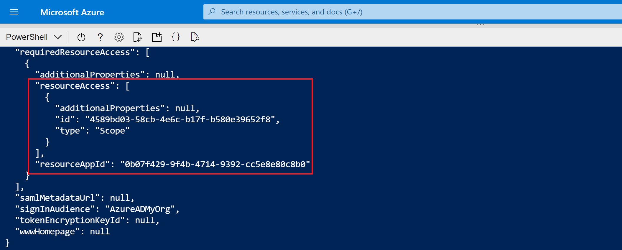 Screenshot of Cloud Shell output of the app registration creation command.