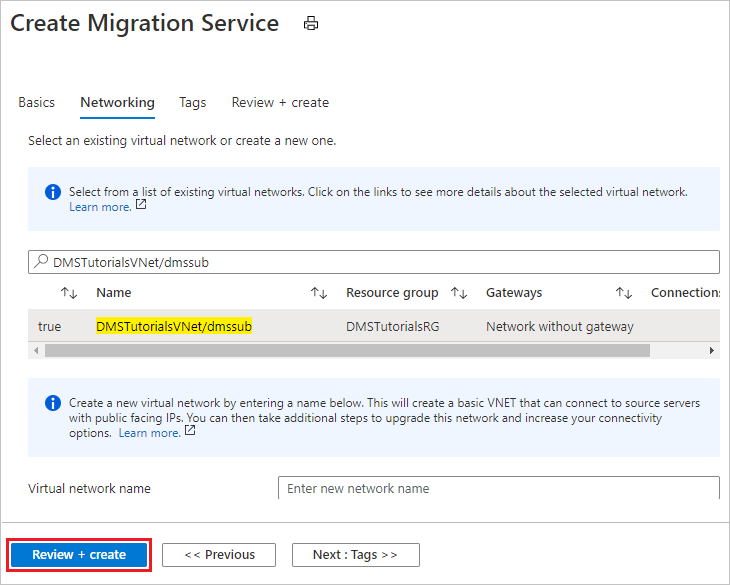 Screenshot of Configure Azure Database Migration Service instance networking settings.