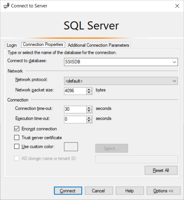 Screenshot of SSIS Connection Properties tab.