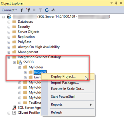 Screenshot of SSIS SSISDB node expanded.