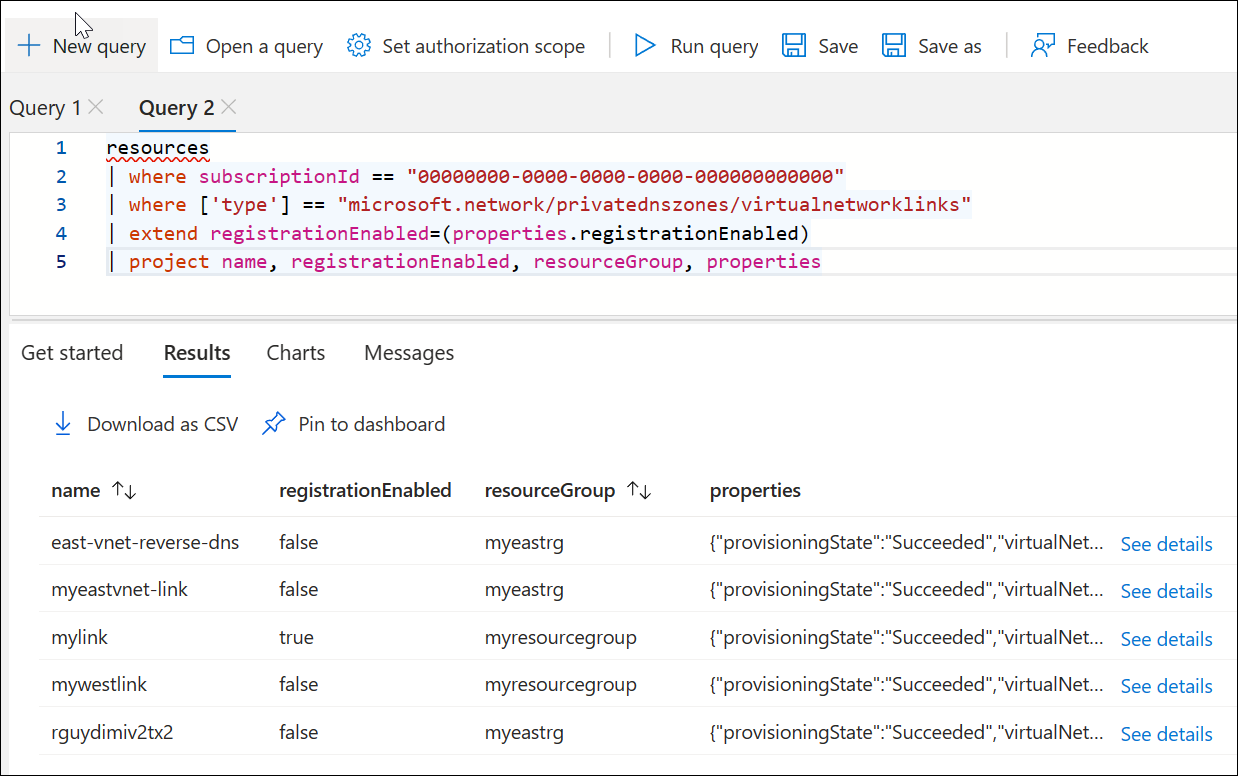 Screenshot of the virtual network links query.