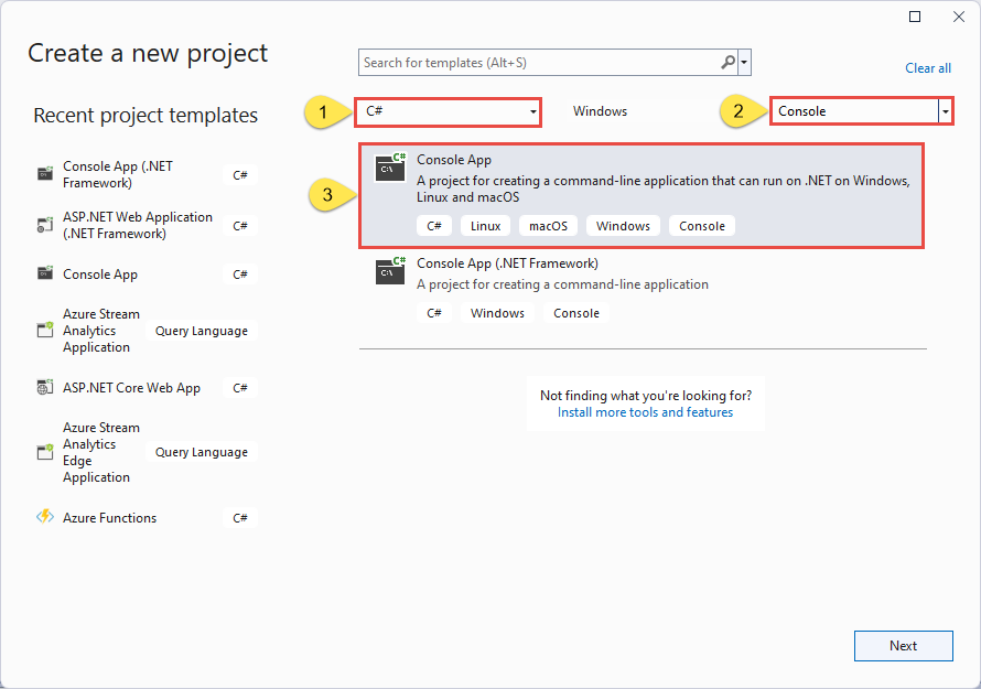 Screenshot showing the Create a new project dialog box with C# and Console selected.