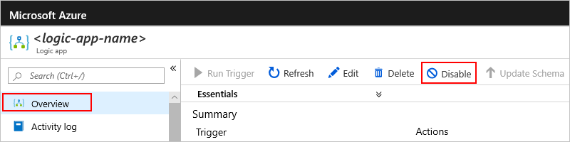 Screenshot of logic app's overview, showing Disable button selected to disable the logic app.