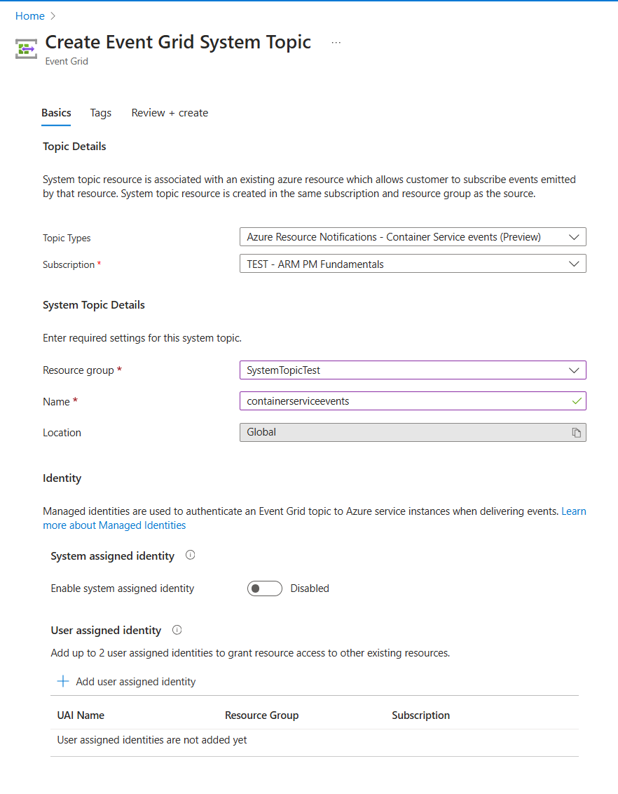 Screenshot that shows the full Create topic page with details in the Azure portal.