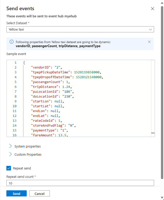 Screenshot showing the send event experience for precanned payload.