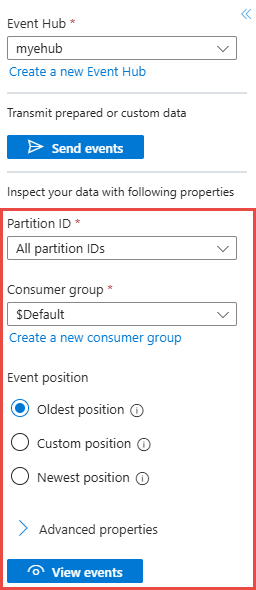 Screenshot showing the data explorer menu with view events selected.