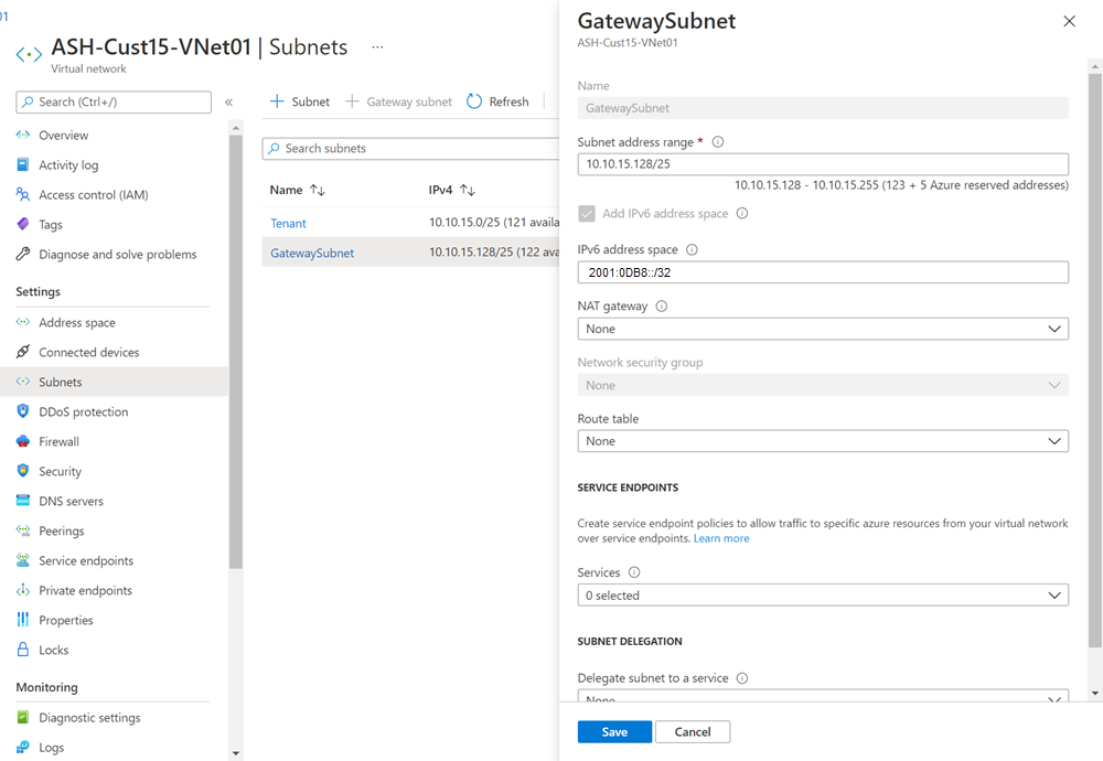 Screenshot of add Ipv6 address space to the subnet.