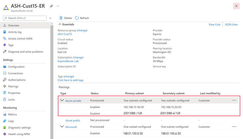 Screenshot of Ipv6 configured for private peering.