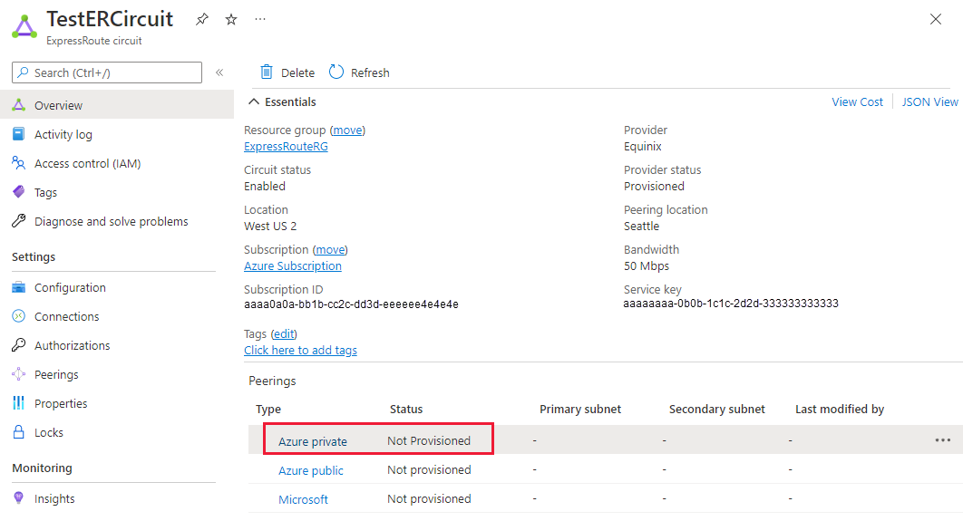 Screenshot showing how to select the private peering row.