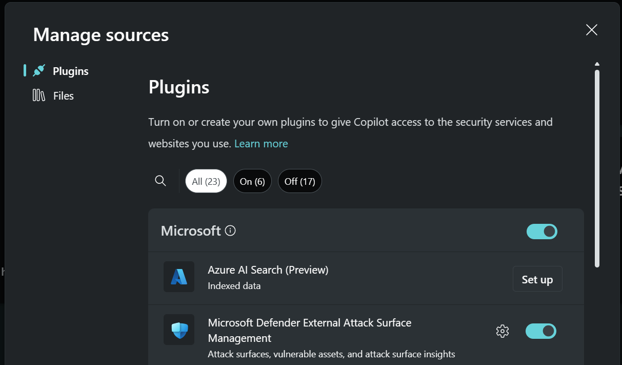 Screenshot that shows Defender EASM activated in Copilot.