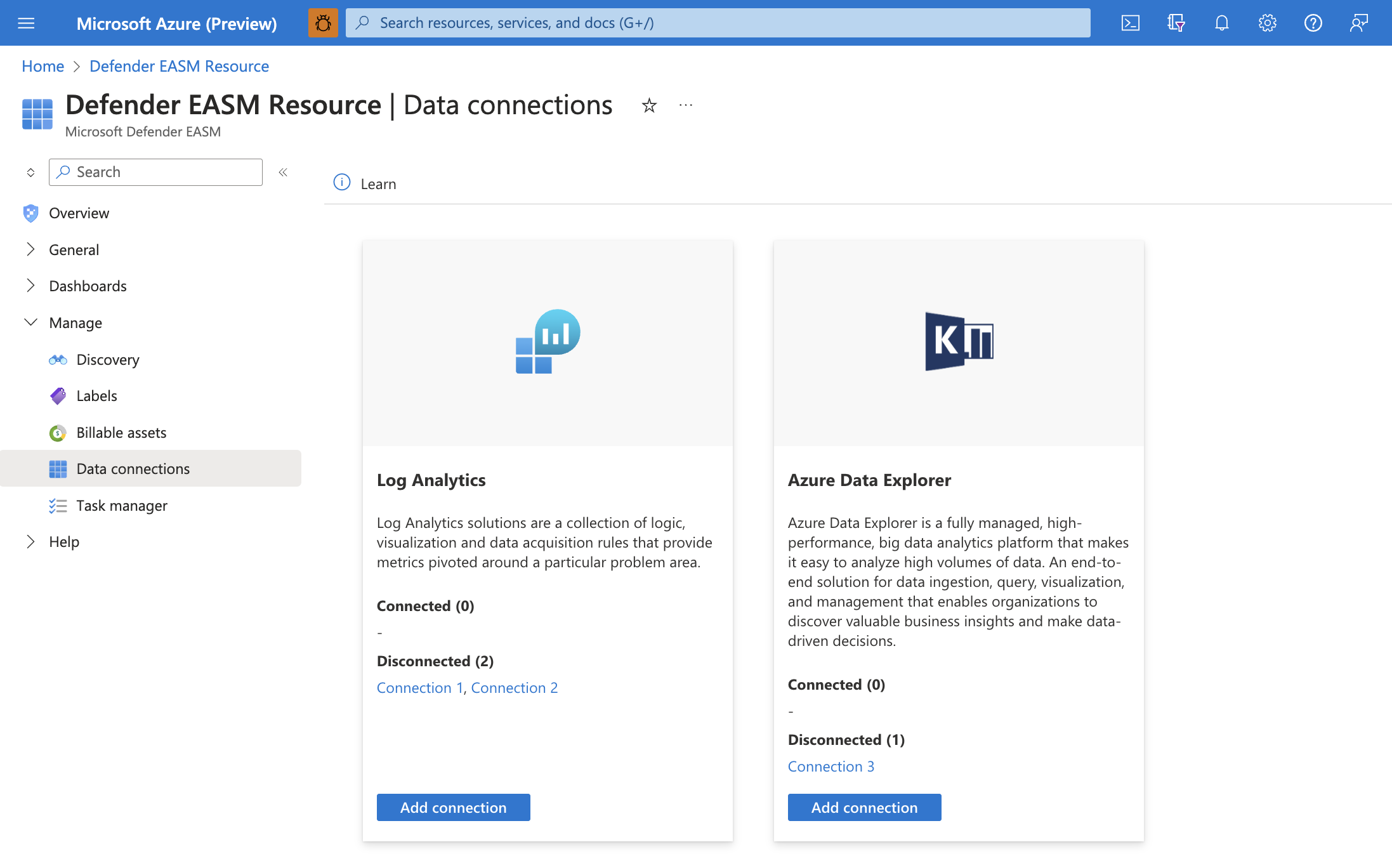 Screenshot that shows the Data connections page.