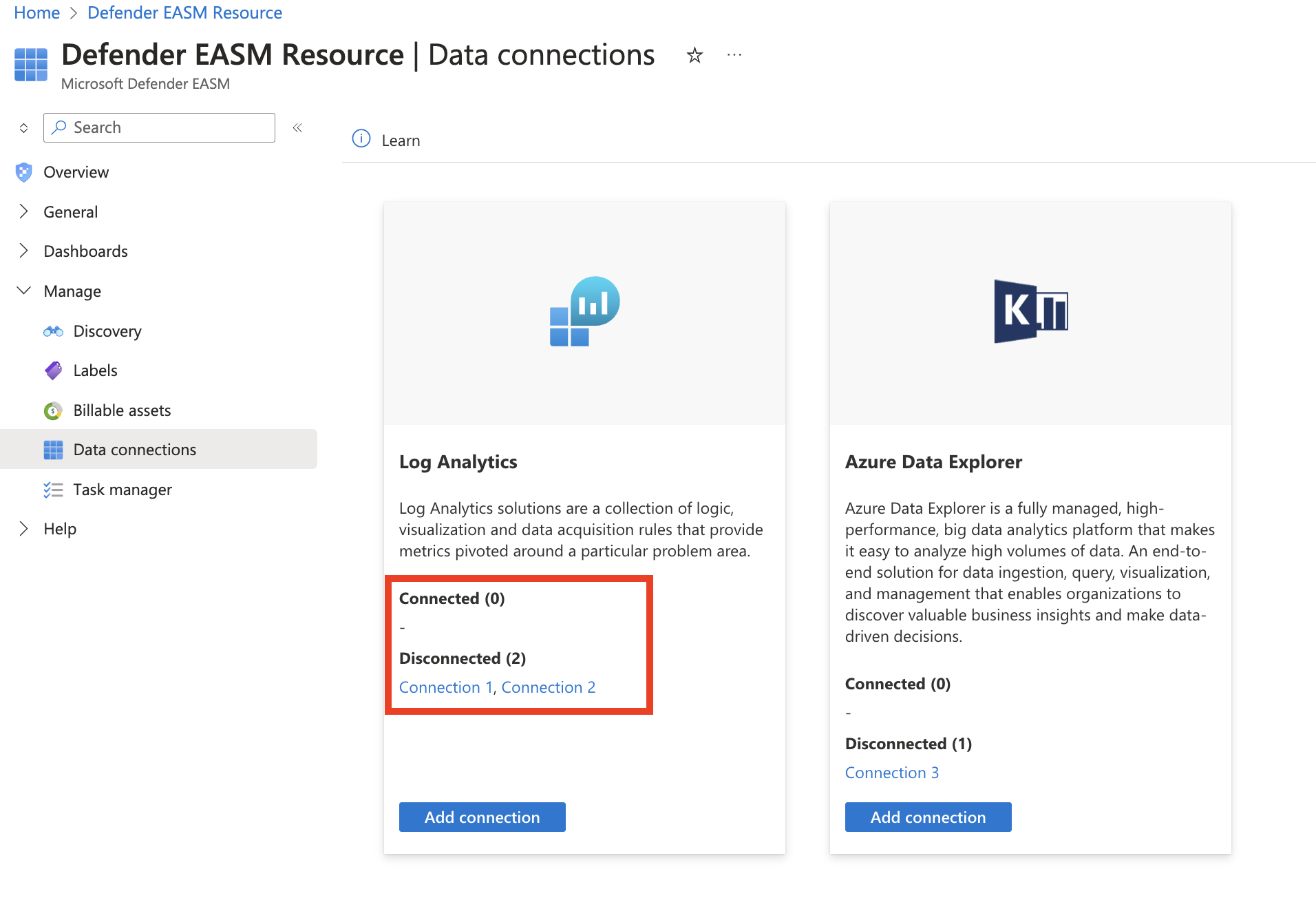 Screenshot that shows disconnected data connections.