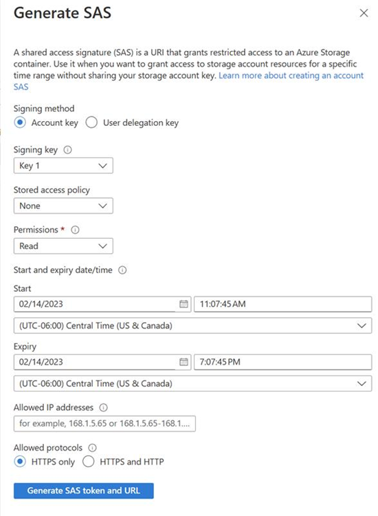 Screenshot showing generate shared access signature.