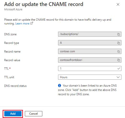 Screenshot that shows the Add or update the CNAME record pane.