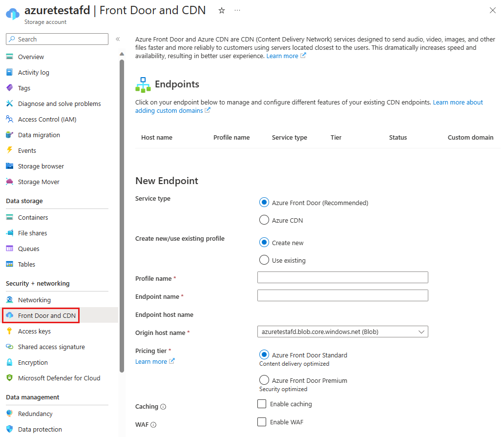 Screenshot of creating an AFD endpoint.