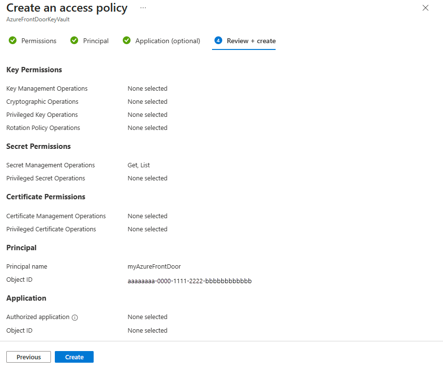 Screenshot of the review and create tab for the Key Vault access policy.