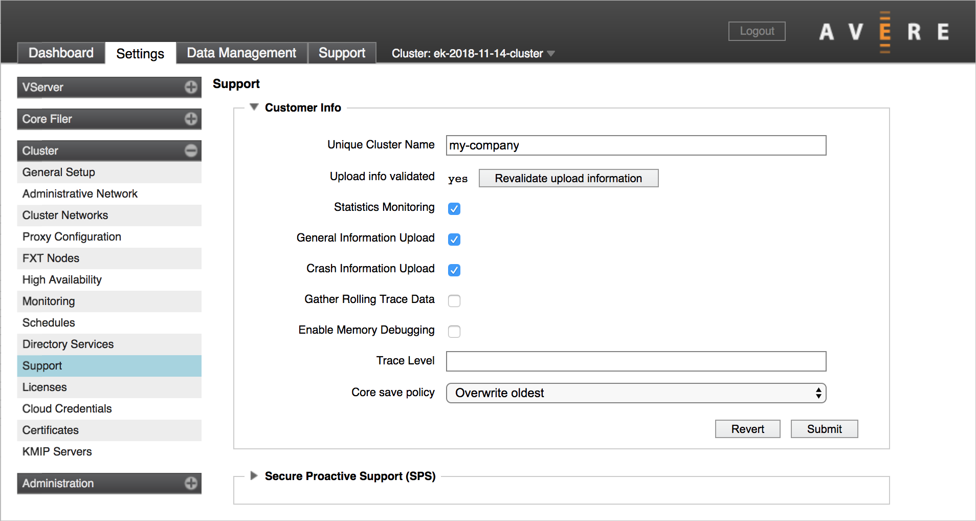 Screenshot containing completed customer info section of support settings page