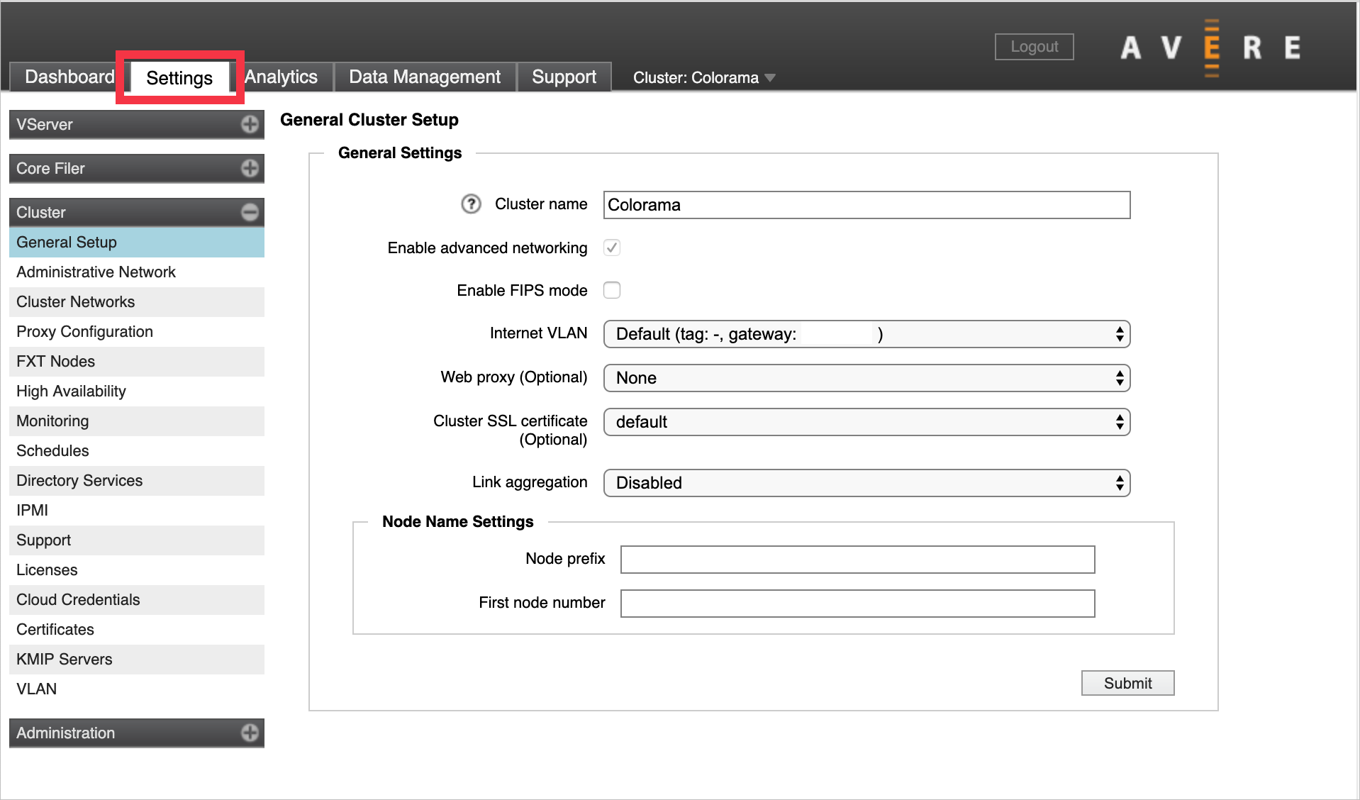 Settings tab of control panel (in browser) with the Cluster > General Setup page loaded