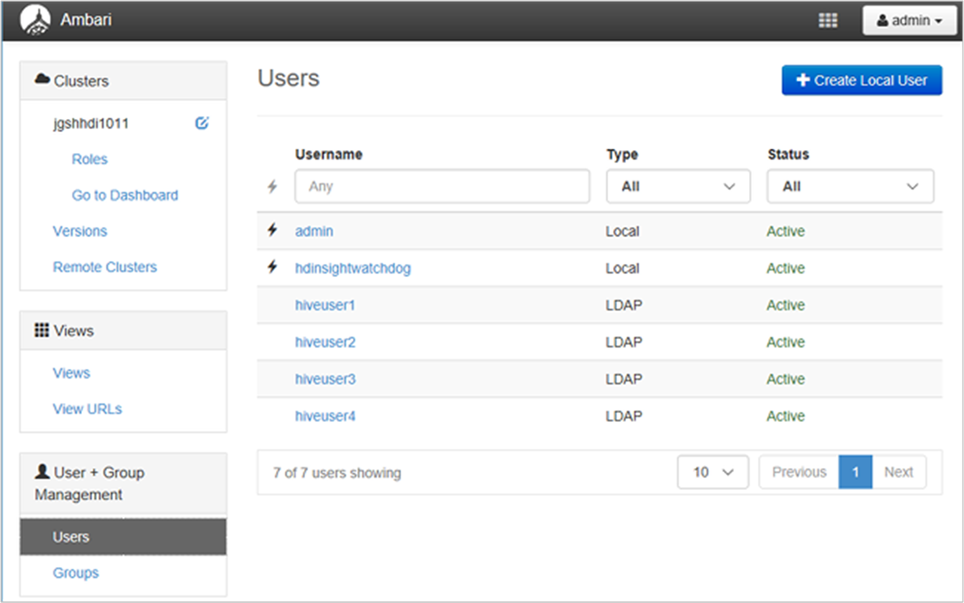 ESP HDInsight Ambari management UI list users.