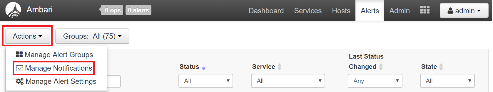 Ambari manage notifications action.