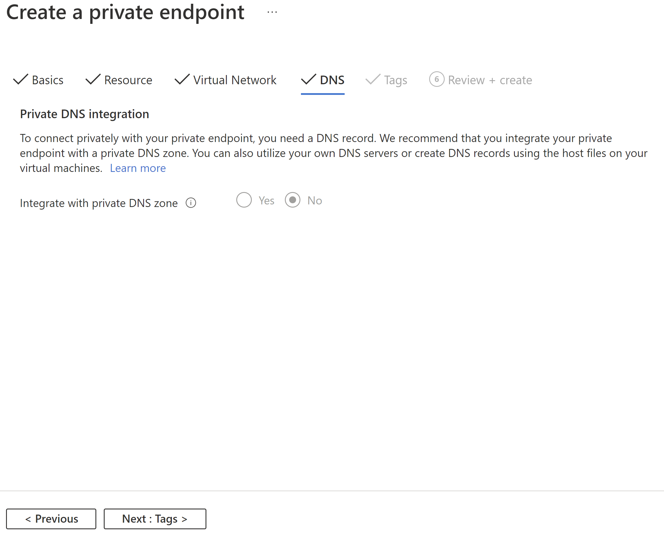 Diagram of the Private Link dns end point tab.