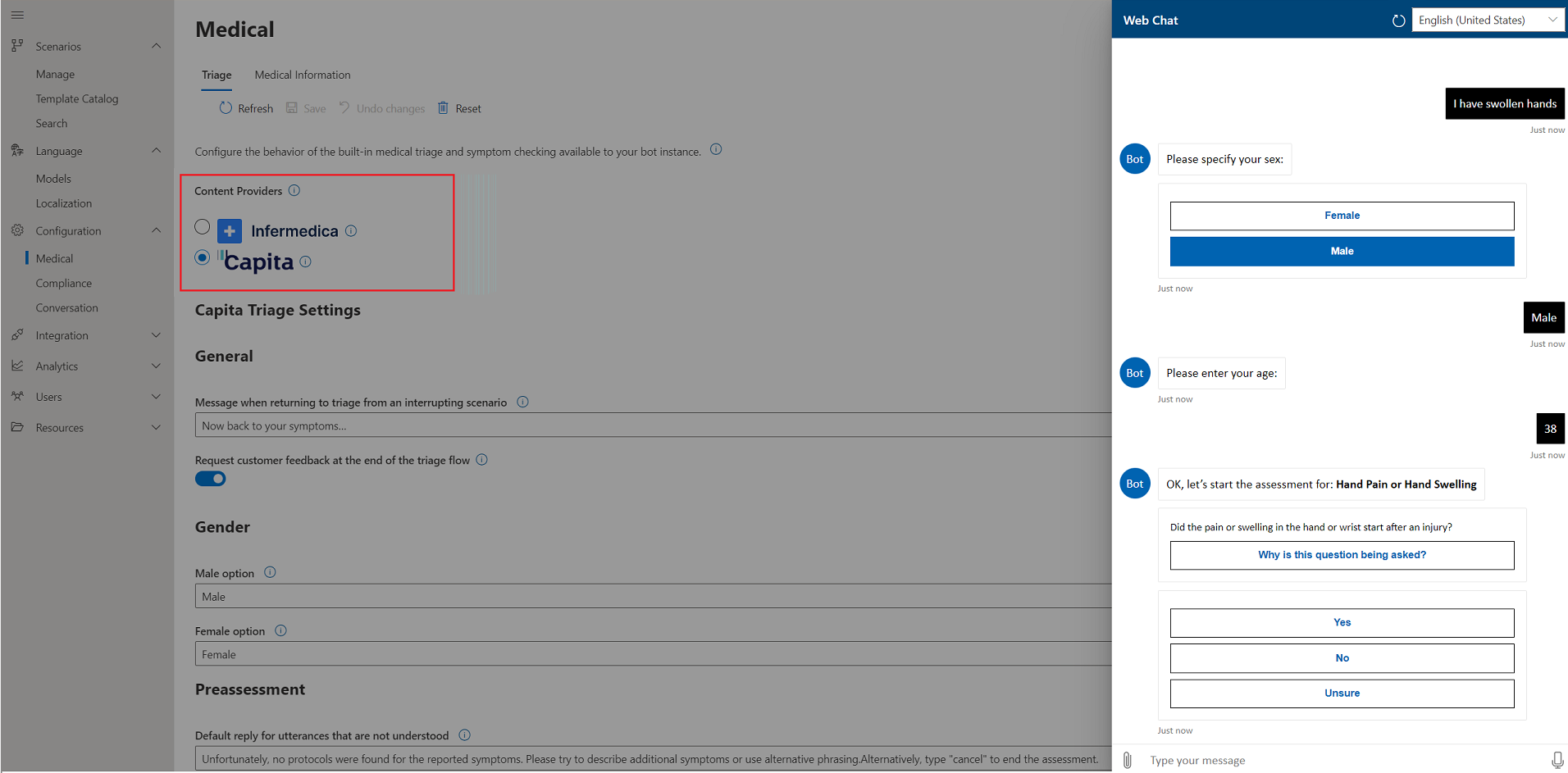 Screenshot of the built-in symptom checkers and triage