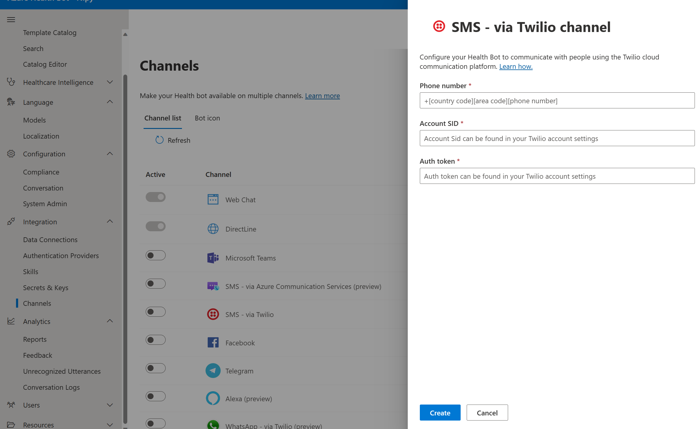 Screenshot of Twilio channel selection