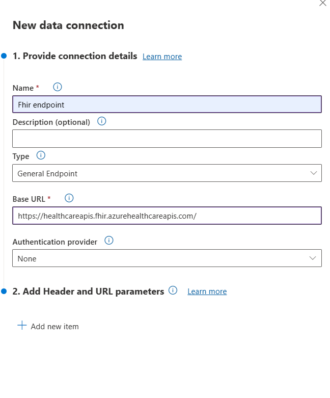 Screen shot of a new FHIR data connection, not fetched