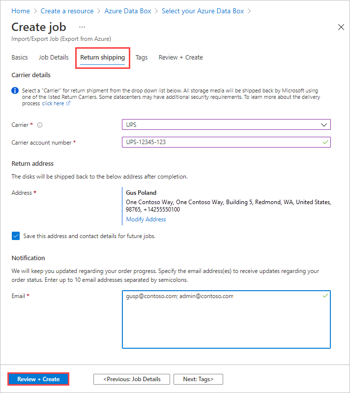 Screenshot of the Return Shipping tab for an import job in Azure Data Box with all fields filled in. The Return Shipping tab and the Review Plus Create button are highlighted.