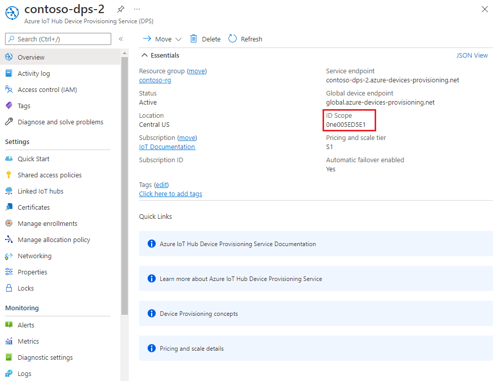 Extract Device Provisioning Service endpoint information from the portal blade