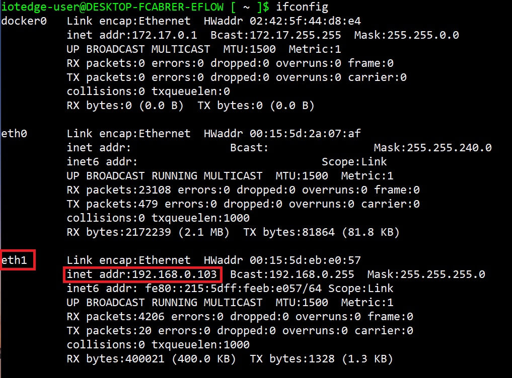 Screenshot of EFLOW virtual machine network interfaces.