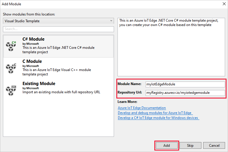 Screenshot of selections for adding an application and module to a Visual Studio solution.